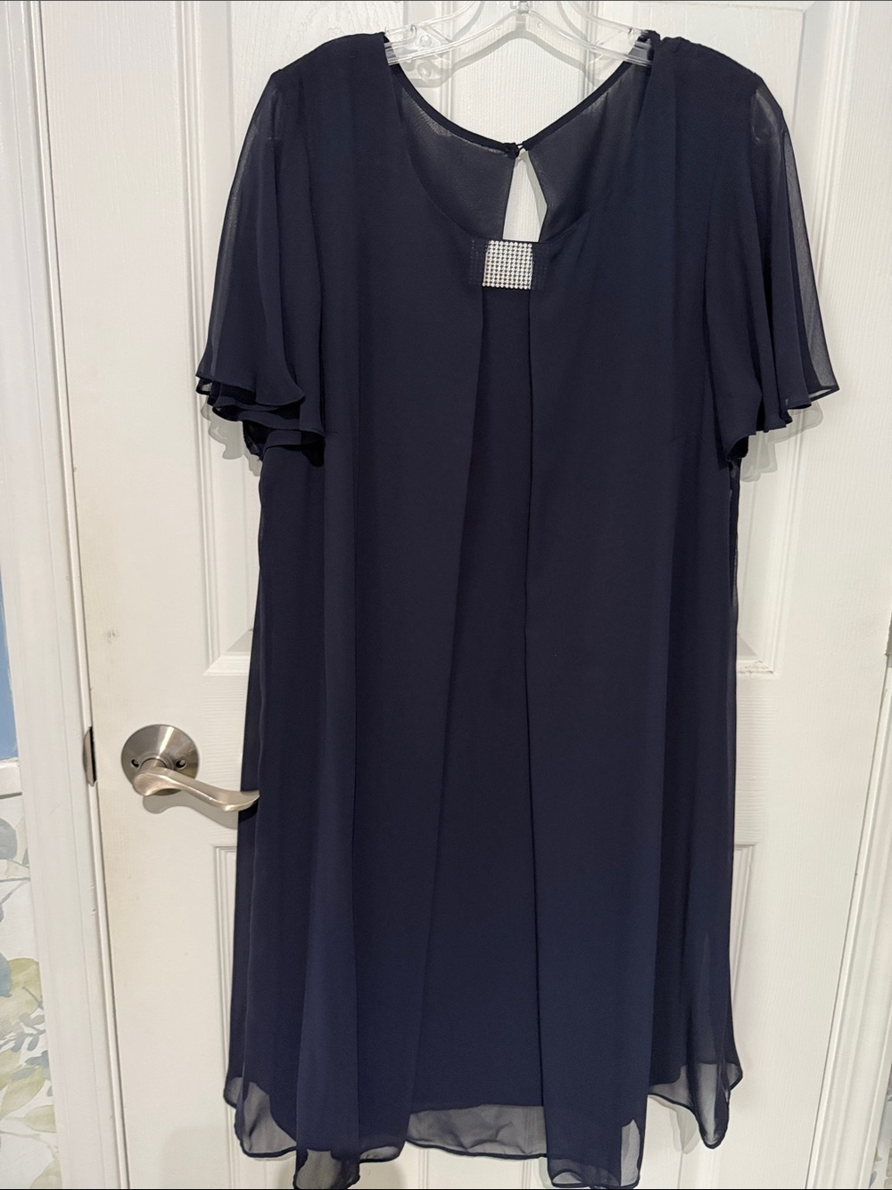 Elegant MSK Navy Chiffon Women's Dress with Decorative Accent. Size 18W.